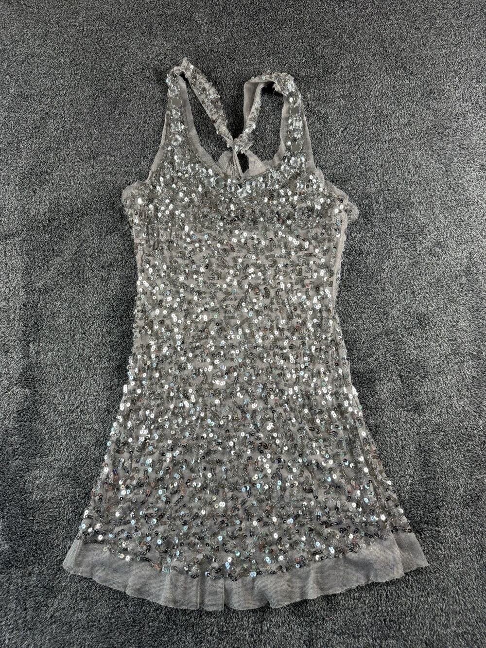 Y2K Wildcat Silver Sequin Mesh Racerback Tank Top Women’s XS